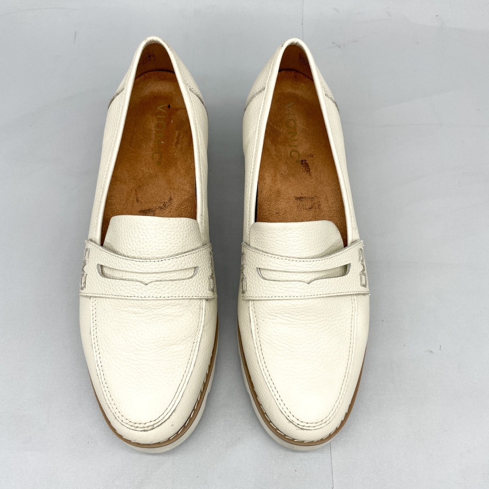 Vionic Womens 7.5 Cheryl II Ivory Leather Penny Loafers Lug Sole Comfort Shoes